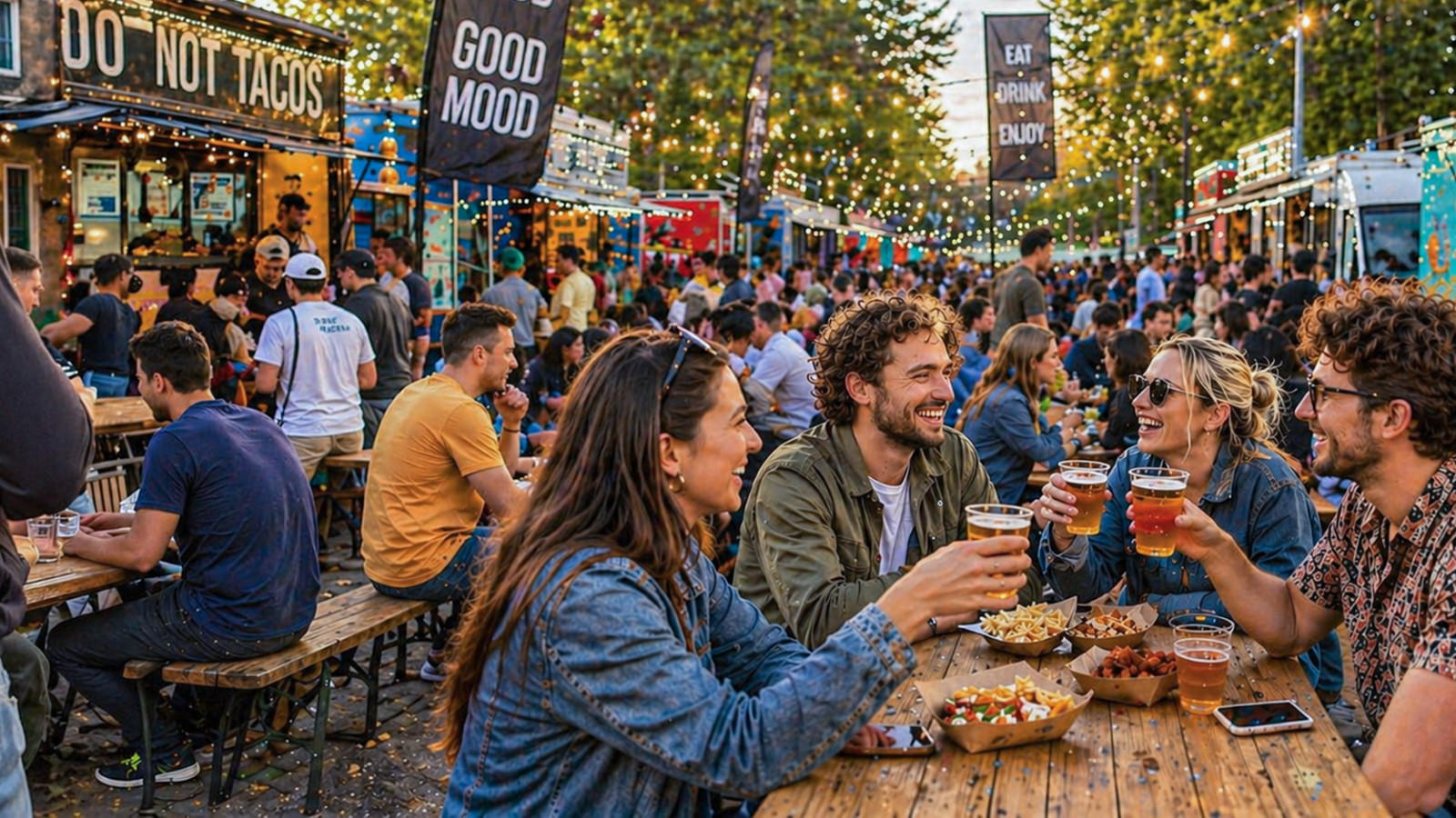 Gezellige foodtruckmarkt in de buitenlucht waar een groep vrienden samen aan houten tafels zit, lachend en proostend met drankjes, omringd door sfeerverlichting, drukte en kleurrijke eetkraampjes.