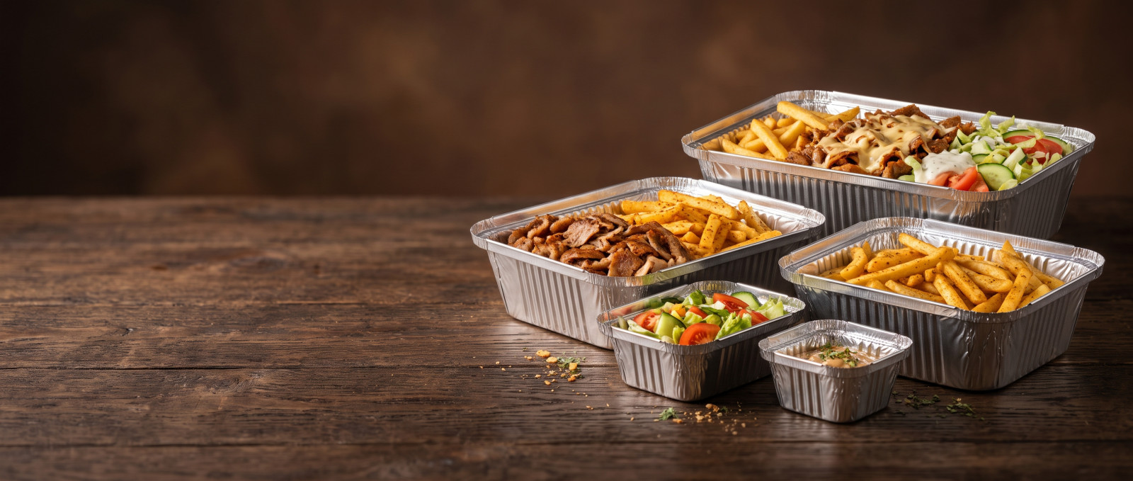 Aluminium bakjes in verschillende formaten, gevuld met döner, friet en verse groenten, op een houten tafel. Ideaal voor afhaalmaaltijden en horeca.