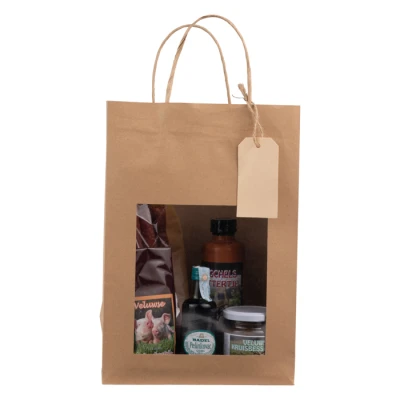 Papieren cadeautas + venster & tag - Bruin - 22x12x32cm - 100 st/ds.