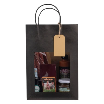 Papieren cadeautas + venster & tag - Zwart - 22x12x32cm - 100 st/ds.