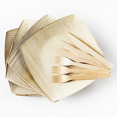 Palmblad CombiSet (6 x Houten Bestek + 6 Borden)